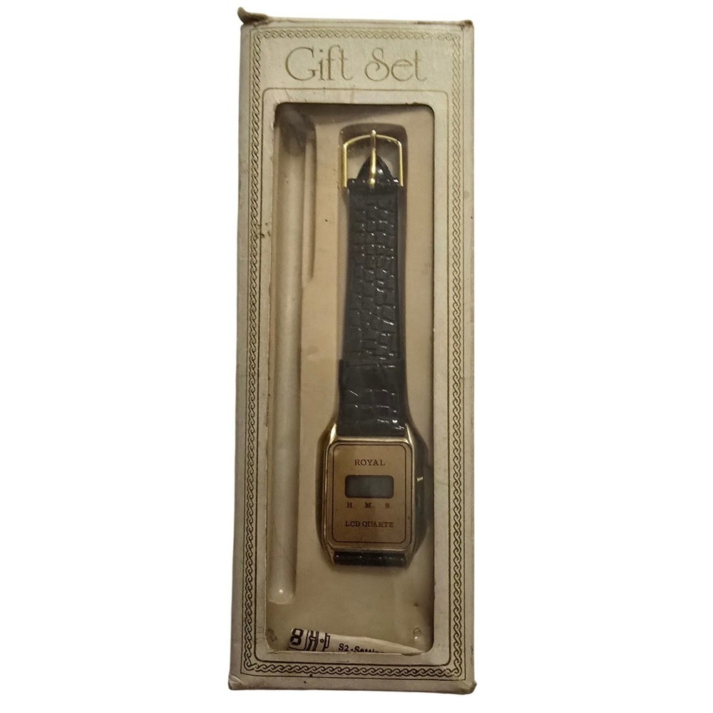 Vintage 80s Royal LCD Quartz Digital Watch Gold Tone Black Croc Embossed Strap